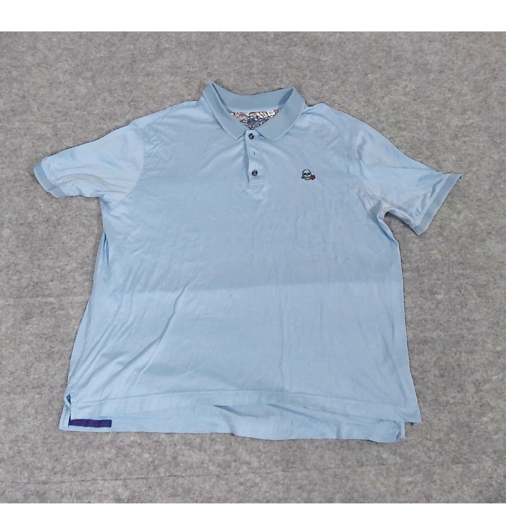 Robert Graham Mens 2XL Light Blue Skull Rose Polo Shirt Short Sleeve Floral Trim
